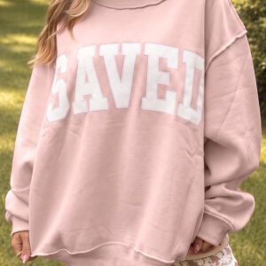 Pink Saved By Grace Embroidered Detail Letter Graphic High Neck Sweatshirt