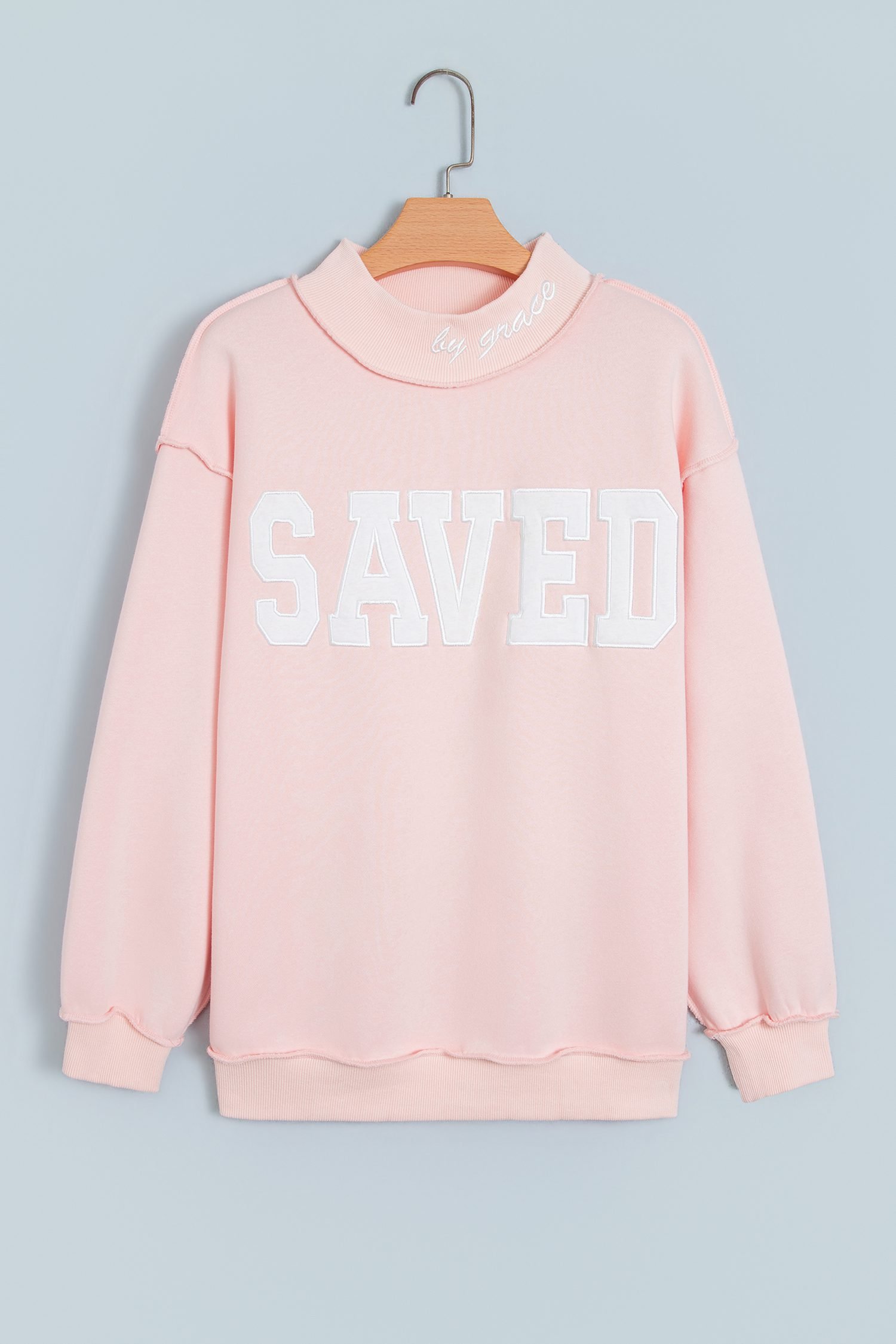 Pink Saved By Grace Embroidered Detail Letter Graphic High Neck Sweatshirt