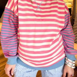Pink Stripe Colorblock Striped Crewneck Long Sleeve Shift Tunic Plus Size Sweatshirt