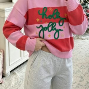 Pink Stripe Festive Holly Jolly Sequin Christmas Holiday Sweater