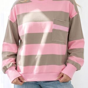 Pink Stripe Raw Seam Patchwork Drop Shoulder Plus Size Sweatshirt