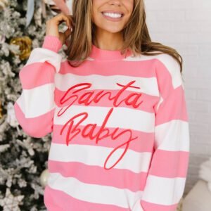 Pink Stripe Santa Baby Embroidered Christmas Slogan Drop Shoulder Pullover Sweater
