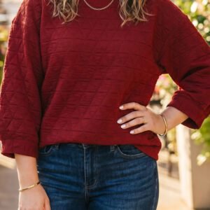 Racing Red Solid Round Neck Tunic Adjustable Cuffs Shift Plus Size Blouse