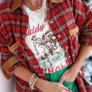 Red Casual Plaid Color Block Collared Button Shacket