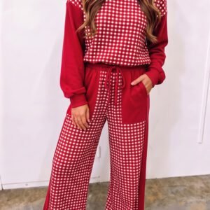 Red Color Block Plaid Patchwork Long Sleeve Pullover Wide Leg Pant Set