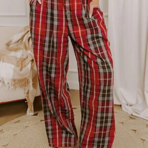 Red Plaid Elastic Waist Pocket Regular Full-Length Pants