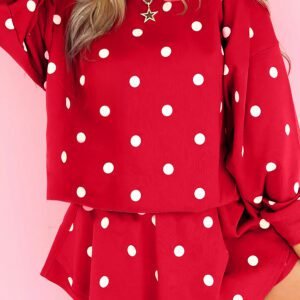 Red Polka Dot Raw Hem Relaxed Pullover Loose Skort Two Piece Set