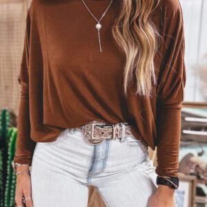 Red Sandalwood High Neck Long Sleeve Top