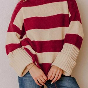 Red Stripe Ribbed Trim High Neck Relaxed Pullover Sweater