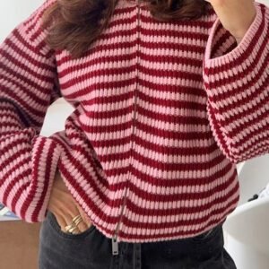 Red Stripe Striped High Neck Zip-up Sweater Long Sleeve Casual Fit Drop Shoulder Open Front Cardigan