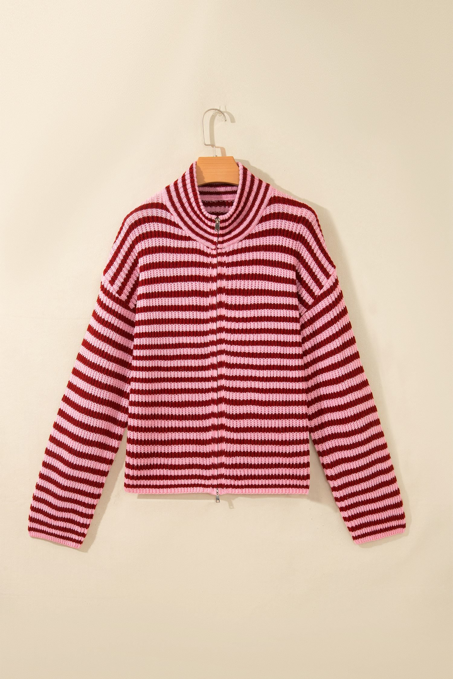Red Stripe Striped High Neck Zip-up Sweater Long Sleeve Casual Fit Drop Shoulder Open Front Cardigan