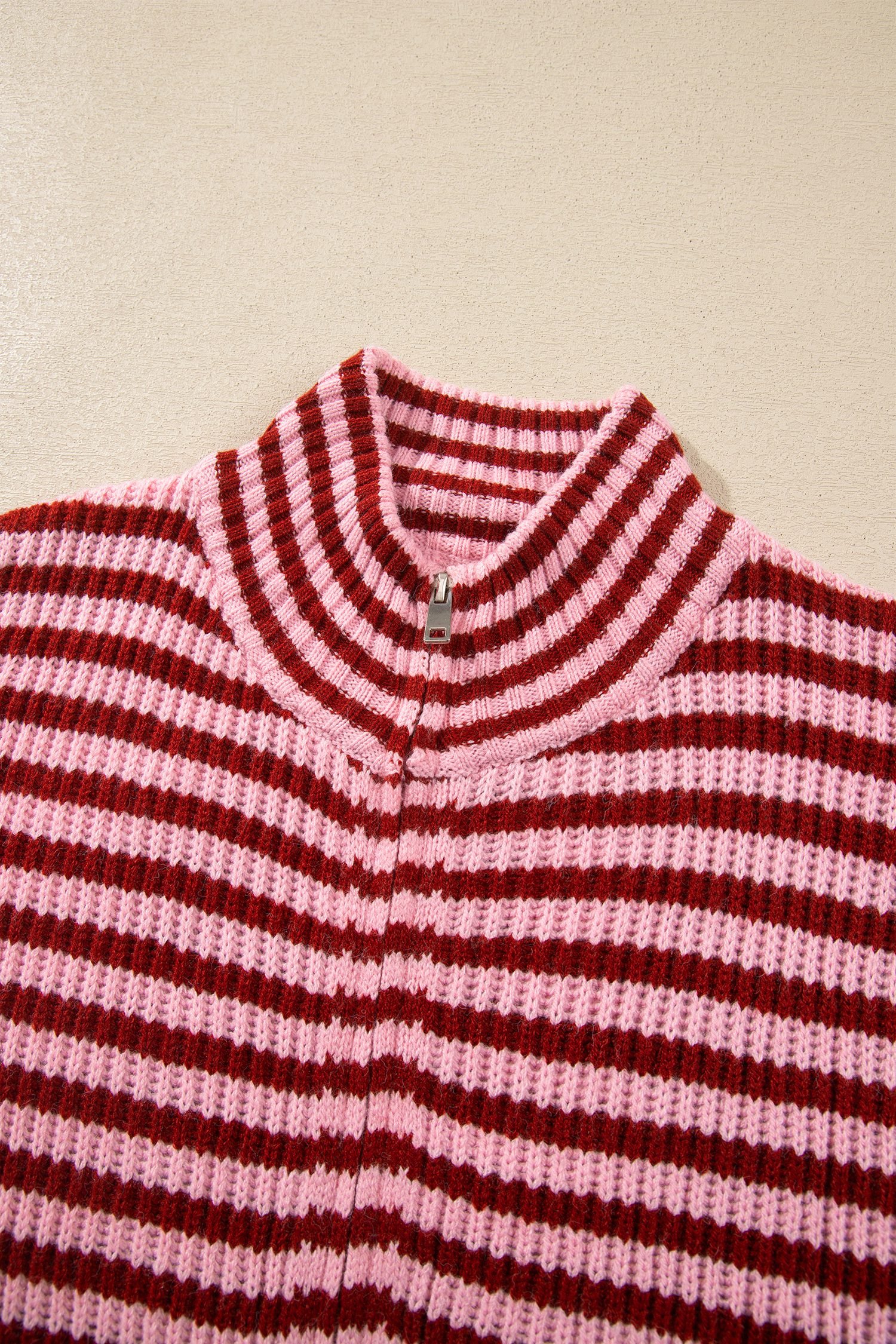 Red Stripe Striped High Neck Zip-up Sweater Long Sleeve Casual Fit Drop Shoulder Open Front Cardigan