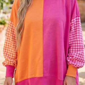 Rose Red Colorblock Patchwork Gingham Sleeve Trendy Plus Size Sweatshirt