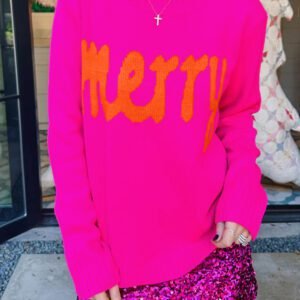 Rose Red Merry Print Ribbed Trim Round Neck Loose Fit Sweater