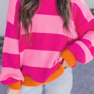 Rose Stripe Casual Colorblock Knit Drop Shoulder Relaxed Sweater