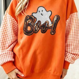 Russet Orange Boo Sequin Ghost Plaid Patchwork Sleeve Halloween Pullover Sweatshirt