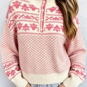 Sachet Pink Cozy Abstract Print Button Stand Neck Casual Sweater