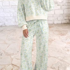 Sky Blue Floral Print Long Sleeve Top Drawstring Wide Leg Pants Set