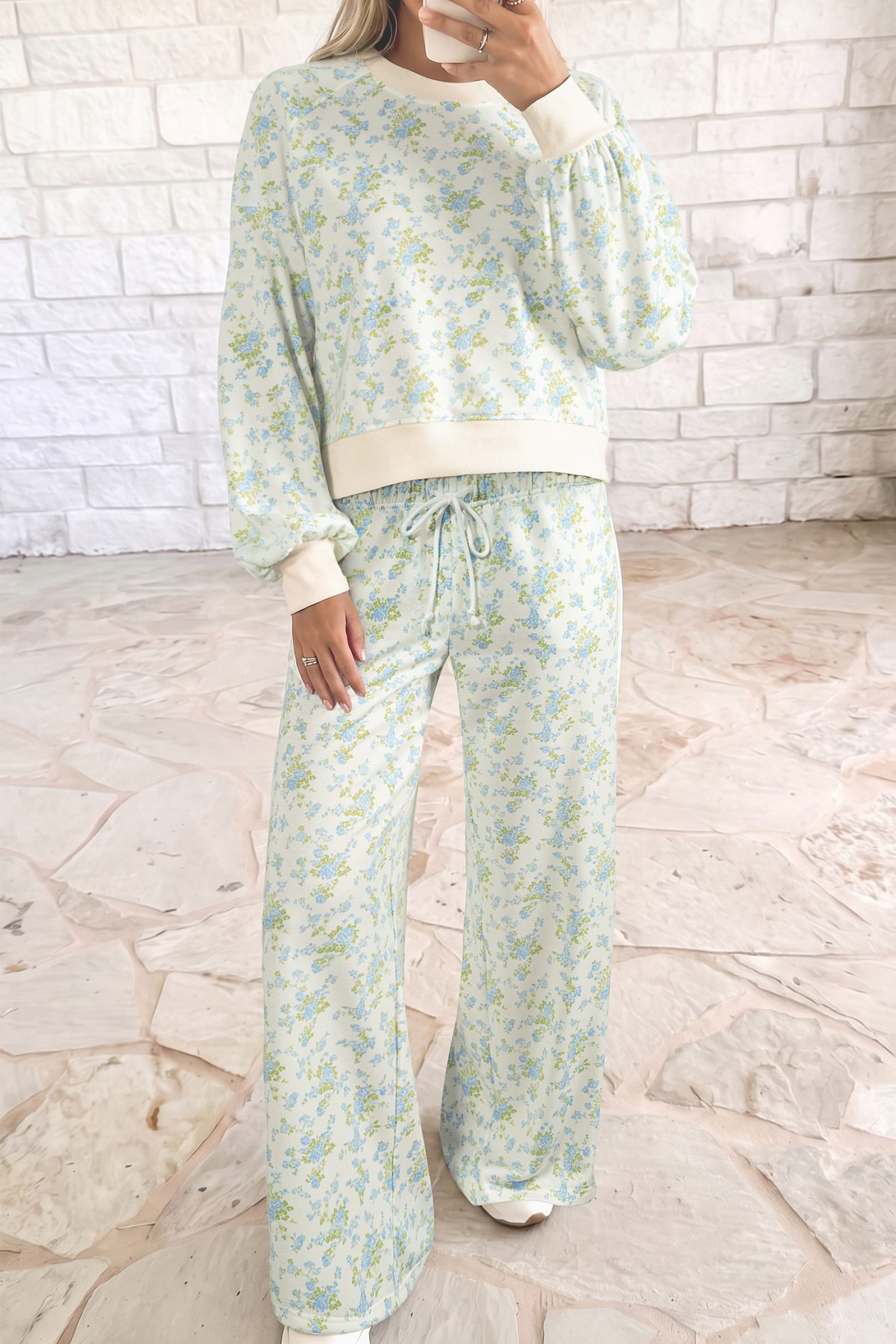 Sky Blue Floral Print Long Sleeve Top Drawstring Wide Leg Pants Set