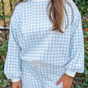 Sky Blue Gingham Loose Pullover Top Drawstring Shorts Plus Size Set