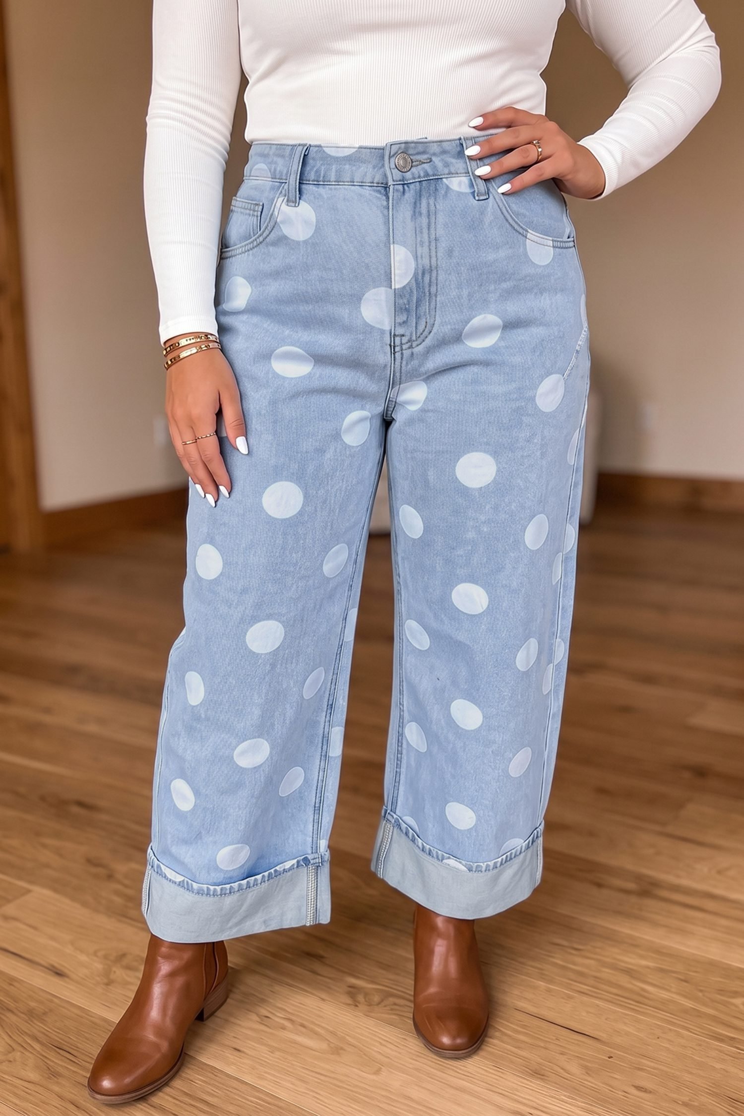 Sky Blue Polka Dot Full Length Regular Fit Plus Size Jeans