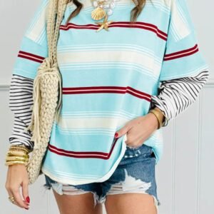 Sky Blue Stripe Casual Striped Patchwork Long Sleeve Loose Pullover Top