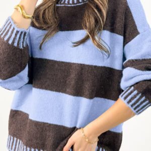 Sky Blue Stripe Contrast High Neck Dropped Shoulder Relaxed Pullover Sweater