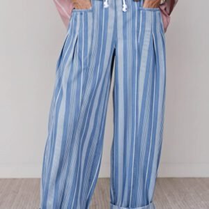 Sky Blue Stripe High Waist Wide Leg Lace Up Barrel Jeans
