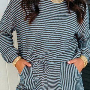Sky Blue Stripe Textured Knit Long Sleeve Top Elastic Waist Shorts Casual Outfit