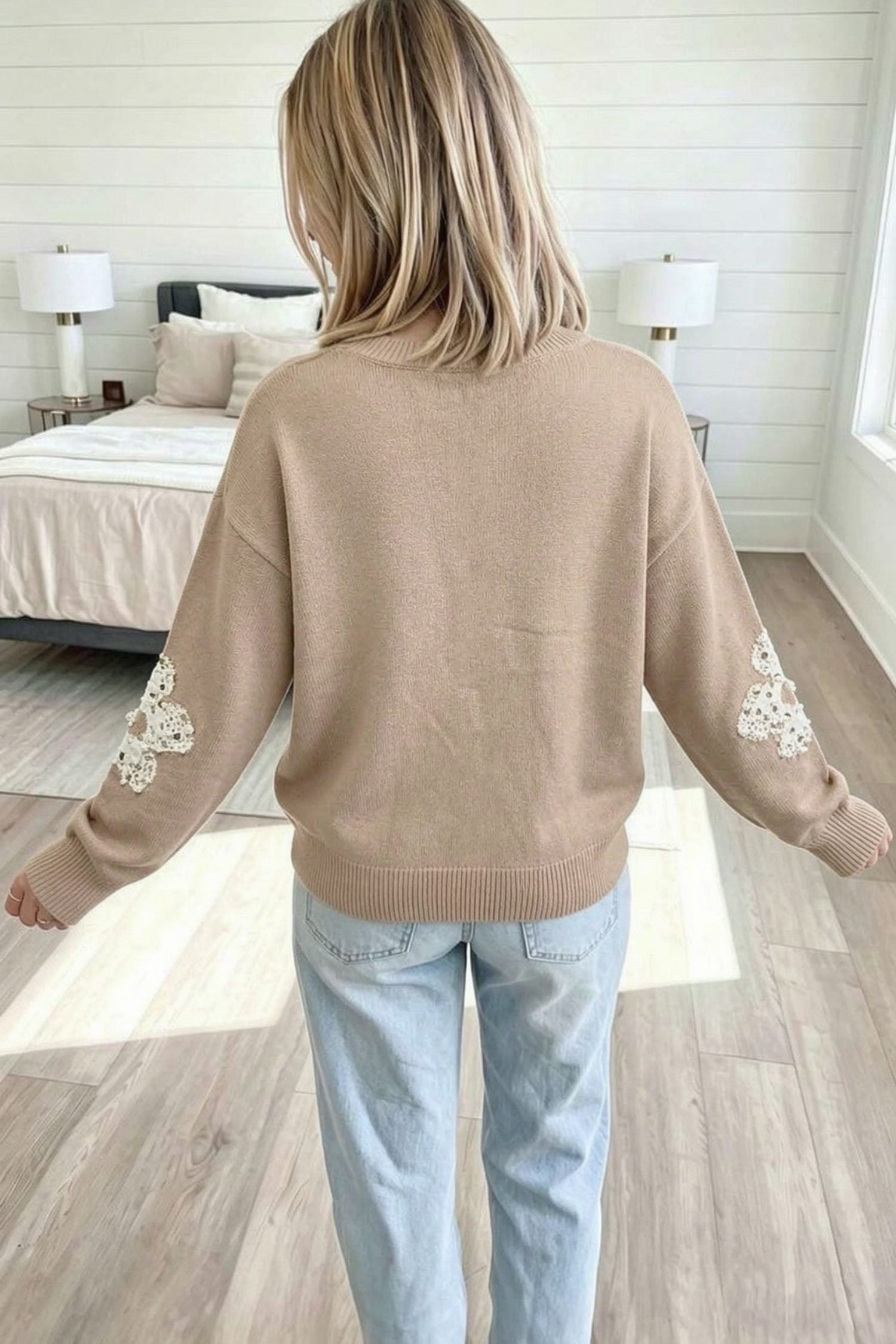 Smoke Gray Beaded Floral Patchwork Ribbed Trim Round Neck Sweater