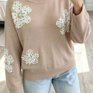Smoke Gray Beaded Floral Patchwork Ribbed Trim Round Neck Sweater