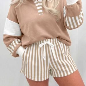 Smoke Gray Striped Color Block Pullover Top Drawstring Shorts Set