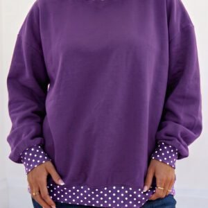 Tillandsia Purple Polka Dot Patchwork Round Neck Plus Size Sweatshirt
