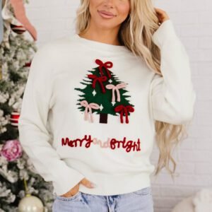 White Christmas Tree Bow Drop Shoulder Knit Sweater