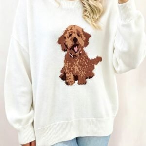 White Cozy Dog Print Dropped Shoulder Relaxed Sweater