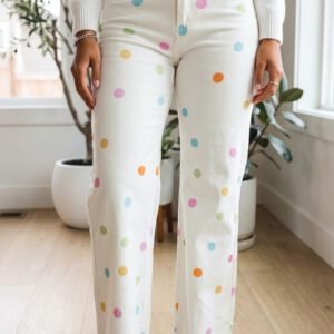 White High Waist Polka Dot Straight Leg Casual Jeans