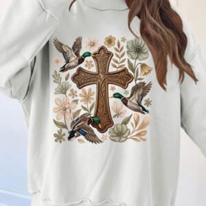 White Mallard Floral Cross Printed Mock Neck Pullover Sweatshirt