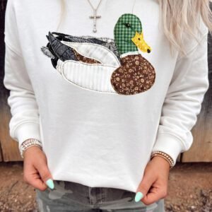 White Mallard Graphic Crewneck Casual Pullover Sweatshirt