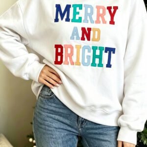 White MERRY AND BRIGHT Stitched Letter Pattern Mock Neck Sweatshirt