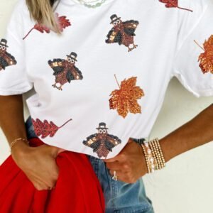 White Sequin Autumn Leaf Thanksgiving Turkey Graphic T Shirt