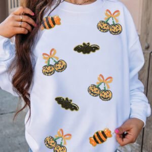 White Sequin Halloween Pattern Pullover Sweatshirt
