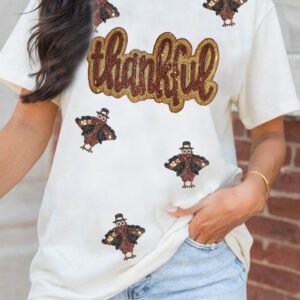White Sequin Thankful Turkey Graphic Short Sleeve T Shirt