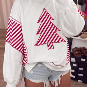 White Striped Contrast Christmas Tree Patchwork Puff Sleeve Top