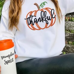 White Thankful Pumpkin Embroidered Pullover Graphic Sweatshirt