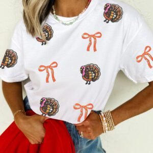 White Thanksgiving Sequin Turkey Round Neck T-Shirt