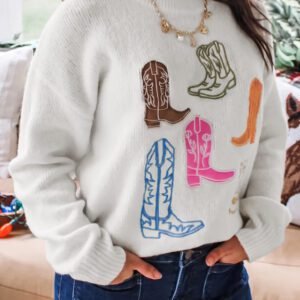 White Western Boots Embroidered Graphic Drop Shoulder Pullover Sweater
