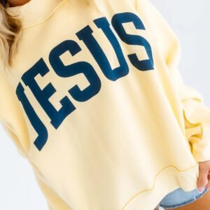 Yellow Jesus Slogan Stand Neck Long Sleeve Oversized Tunic Plus Size Sweatshirt