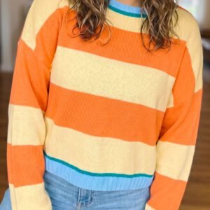 Yellow Stripe Striped Colorblock Round Neck Long Sleeve Oversized Plus Size Sweater